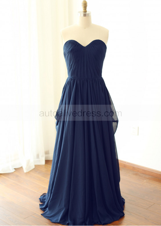 Side Draped Navy Blue Chiffon Fabulous Long Bridesmaid Dress